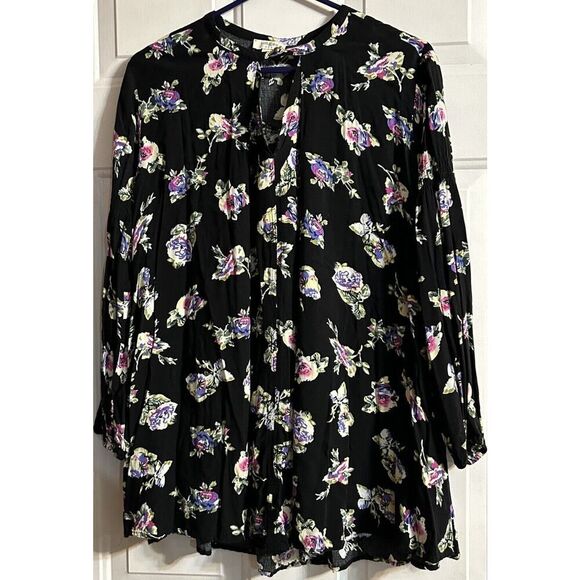 Umgee Black W Floral Long Sleeve Blouse Shirt Top (Poss Dress?) Boho Size Small - Picture 1 of 10